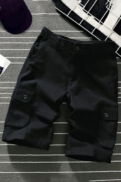 Stylish Mens Shorts Pure Color Button Placket Mid Rise Straight Fit Shorts with Pocket