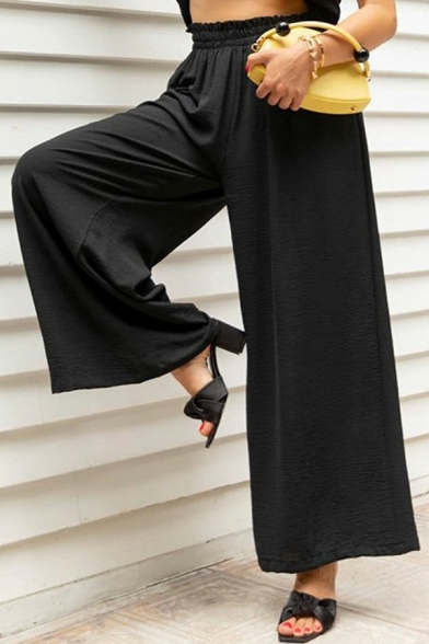 Stylish Womens Pants Pure Color High Rise Elastic Waist Ankle Length Wide Leg Pants