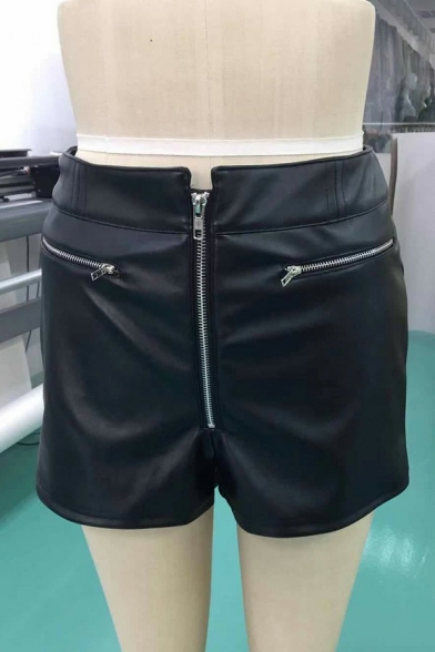 Stylish Womens Shorts Plain PU Leather Zipper Fly High Waist Zip Pockets Hot Pants