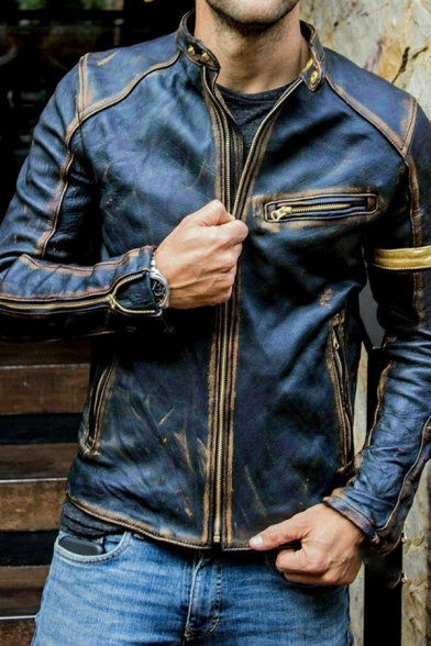 Trendy Mens Leather Jacket Stand Collar Wash Effect Pocket Detail Zip Placket Leather Jacket