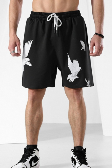 Trendy Mens Shorts Pigeon Pattern Drawstring Waist Mid Rise Regular Fit Shorts with Pocket