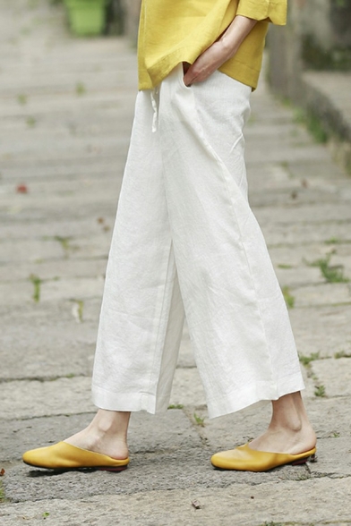 Women Basic Pants Whole Colored Pocket Drawstring Waist Loose Fitted Ankle Length Pants