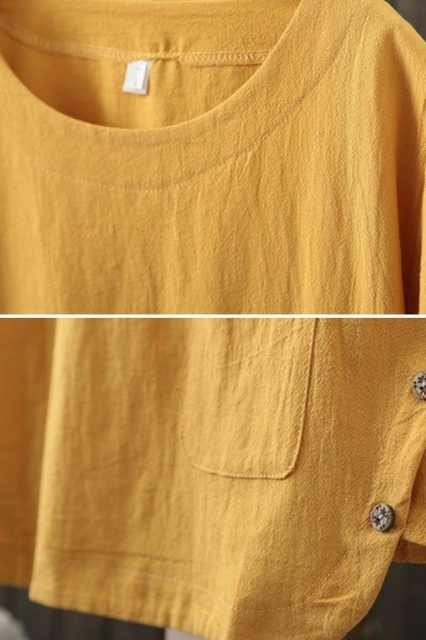 Basic Womens T-Shirt Plain Round Neck Short Sleeve Button Hem Relaxed T-Shirt