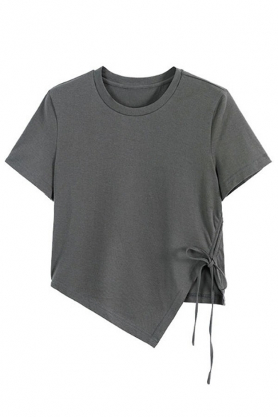 Chic Ladies T-Shirt Solid Crew Neck Short Sleeve Bow Irregular Hem Cropped T-Shirt