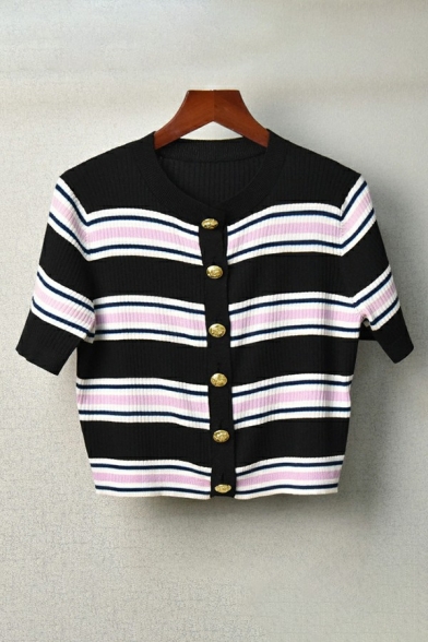Chic Womens Knit Cardigan Striped Print Round Collar Button Down Short Sleeve Cardigan