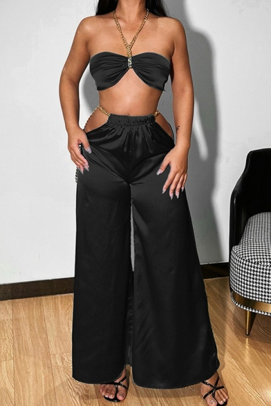 Hot Satin Co-ords Solid Color Chain Detail Crop Halter Tee with Hollow Out Wide Leg Pants Set for Women