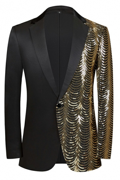 Men Elegant Suit Blazer Contrast Panel Sequin Detail Lapel Collar Single Button Suit Blazer
