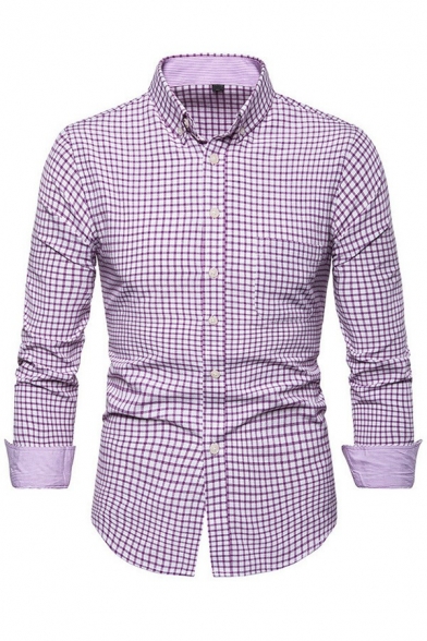 Popular Mens Gingham Print Shirt Button Closure Turn-down Collar Regular Fit Shirt