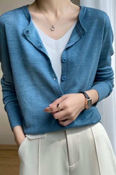 Simple Ladies Cardian Solid Crew Collar Button Fly Ribbed Hem Long-sleeved Fitted Cardian