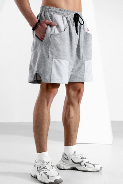 Sporty Mens Shorts Color Block Drawstring Waist Mid Rise Shorts with Pocket