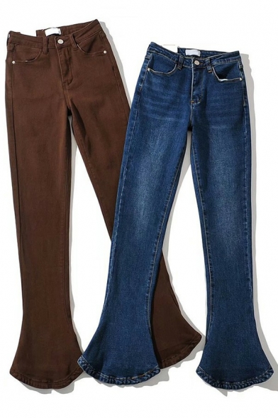 Street Style Women Jeans Plain Skinny Long Length Mid Rise Zip Fly Bootcut Jeans