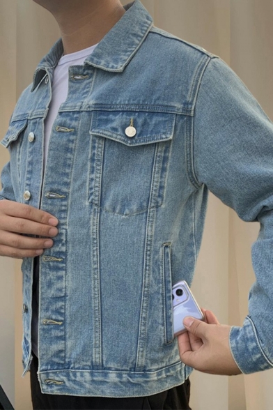 Stylish Guys Denim Jacket Plain Button Closure Pocket Detail Turn-down Collar Regular Fit Denim Jacket