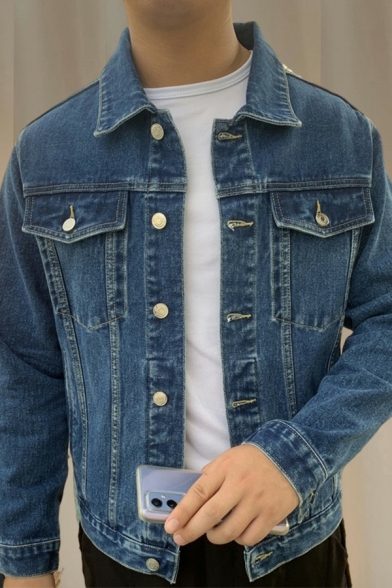Stylish Guys Denim Jacket Plain Button Closure Pocket Detail Turn-down Collar Regular Fit Denim Jacket