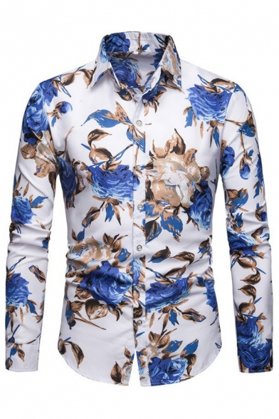 Trendy Mens Floral Print Shirt Long Sleeve Button Closure Turn-down Collar Regular Fitted Shirt