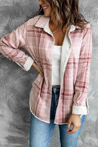 Unique Womens Jacket Plain Turn-Down Collar Long Sleeve Reversible Plaid Lined Single Breasted Jacket