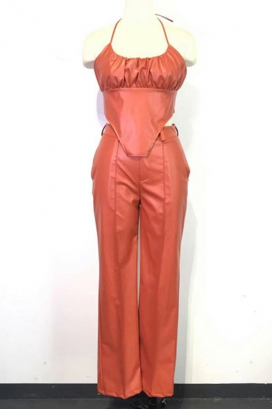 Unique Womens PU Co-ords Ruched Irregular Hem Halter Top with Zip Fly Long Straight Pants Co-ords
