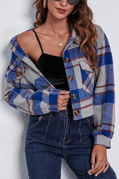 Vintage Womens Jacket Plaid Turn-Down Collar Single Breasted Cropped Jacket