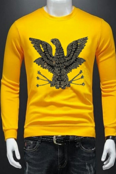 Boy's Urban Sweatshirt Bird Print Beading Detail Slim Long-Sleeved Round Collar Sweatshirt