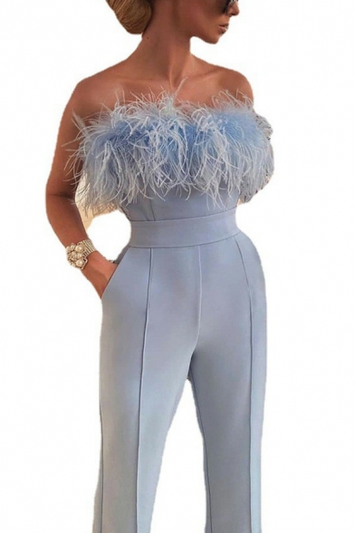 Chic Womens Jumpsuits Strapless Feather Patchwork Solid Color Slim Fit Jumpsuits