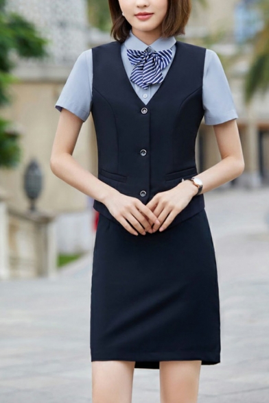Classic Womens Vest Solid Color V-Neck Single Breasted Pockets Suit Vest