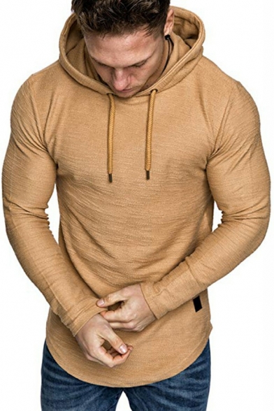 Edgy Hoodie Solid Color Long Sleeves Slim Fitted Hooded Drawstring Hoodie for Men