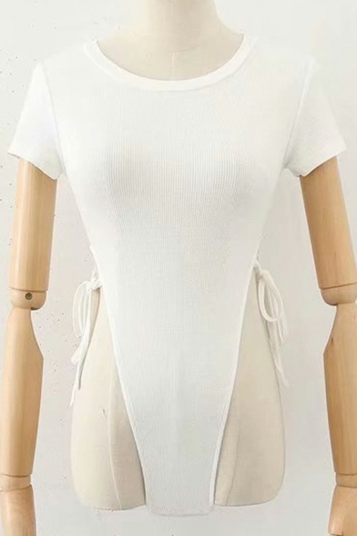 Faddish Womens Plain Bodysuit Round Neck Lace-Up Short Sleeve Stretchy Bodysuit