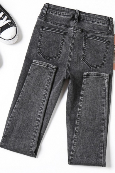 Fashion Girls Jeans Solid Color Pocket Regular Long Length High Rise Zip Fly Tapered Jeans