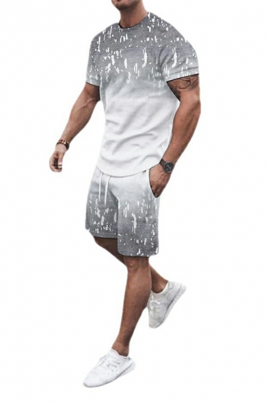 Men Street Look Set 3D Pattern Short-Sleeved Crew Collar Tee Shirt with Shorts Regular Set