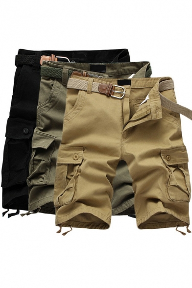 Modern Mens Cargo Shorts Plain Button Placket Mid Rise Cargo Shorts with Pocket