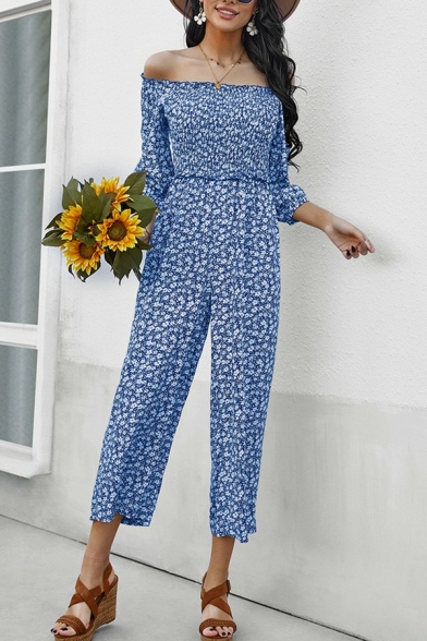 Retro Cropped Jumpsuits Floral Pattern Off the Shoulder Jumpsuits for Women