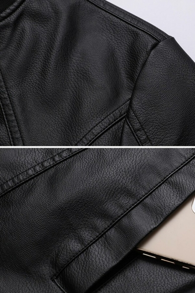 Simple Mens Jacket Solid Color Pocket Detail Stand Collar Zip Closure Leather Jacket