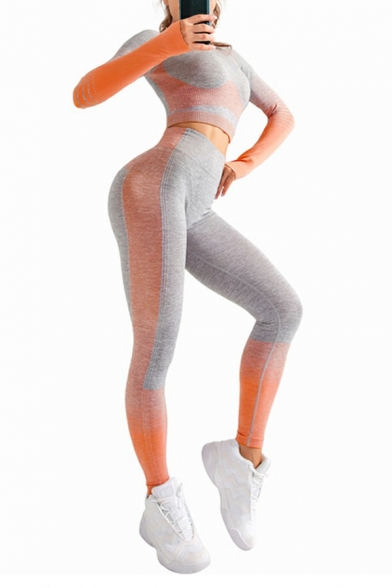 Sporty Ladies Yoga Set Crew Neck Color Block Long Sleeve Cropped Top & High Waist Pants Co-ords