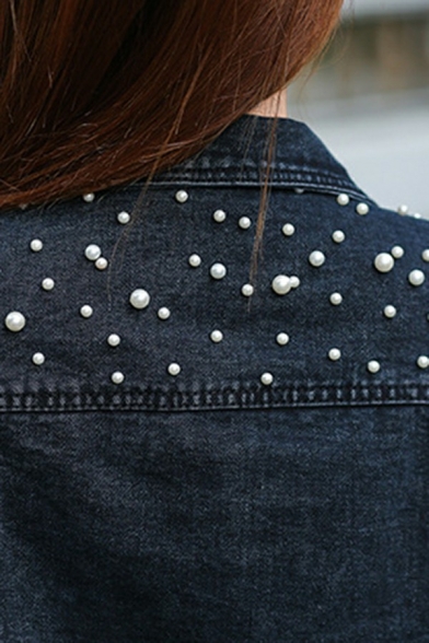 Stylish Ladies Jacket Plain Beading Spread Collar Single Breasted Chest Pockets Long Sleeve Denim Jacket