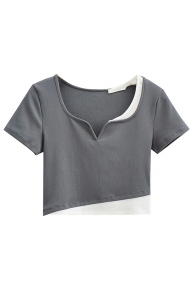 Trendy Ladies T-Shirt Contrast Color Square Neck Short Sleeve Cropped T-Shirt