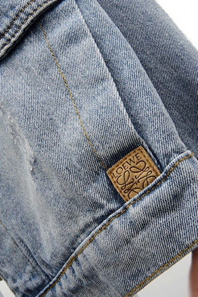 Vintage Womens Denim Jacket Spread Collar Faded Wash Button Up Denim Jacket with Label