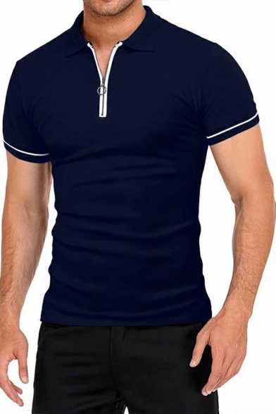 Basic Men Polo Shirt Contrast Line Zipper Detail Spread Collar Short-sleeved Polo Shirt