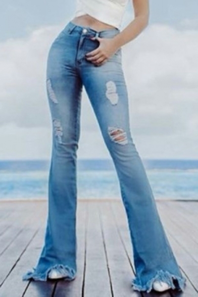 Casual Women Jeans Solid Color Zip Distressed Desigh High Waist Jeans