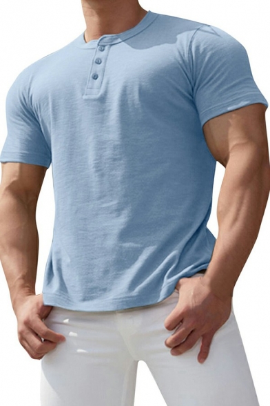 Daily Guys Tee Top Pure Color Short Sleeves Round Neck Button Detail Tee Top