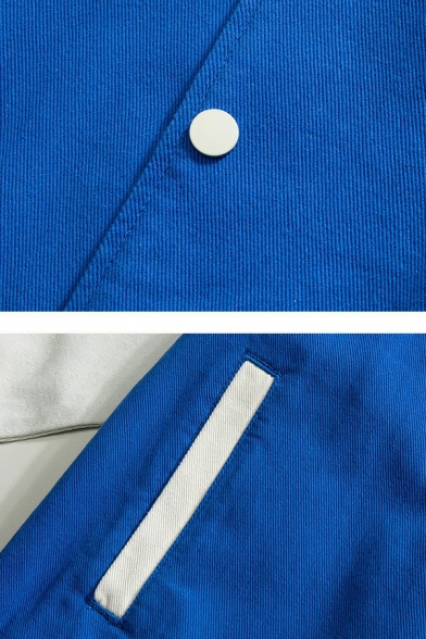 Dashing Guys Denim Jacket Color Block Stand Collar Button Closure Pocket Detail Denim Jacket