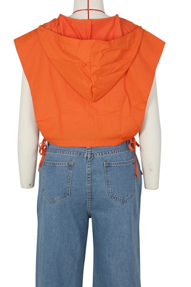 Fashionable Drawstring Women Vest Solid Color Zip Closure Vest with Hood
