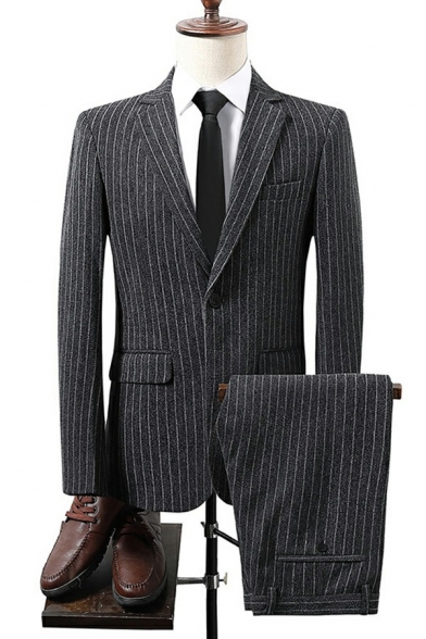 Men Classic Suit Set Stripe Printed Single Closure Lapel Collar Jacket Pocket Detail Pants Suit Set