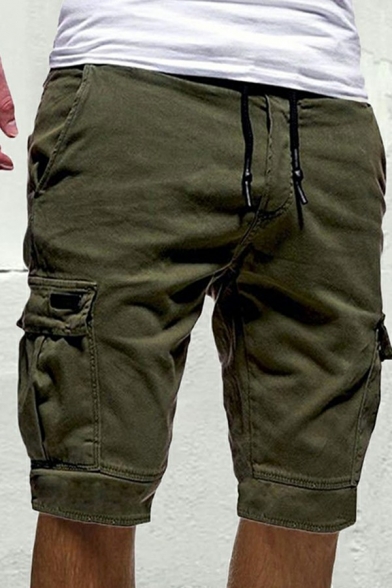 Men Modern Shorts Solid Color Drawcord Waist Flap Pocket Shorts