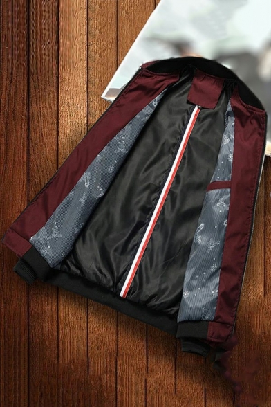 Men Urban Baseball Jacket Rose Pattern Zipper Closure Pocket Detail Baseball Jacket