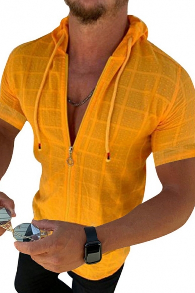 Mens Simple T-shirt Checked Print Drawstring Short-sleeved Zipper Closure T-Shirt with Hood