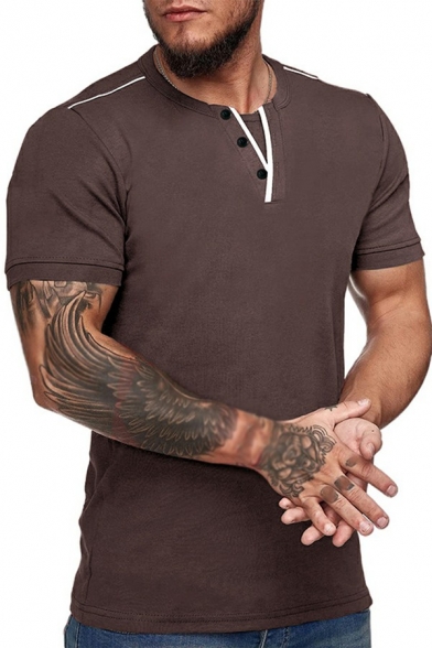 Modern Men's T-Shirt Contrast Line Henley Neck Button Detail Short Sleeve T-Shirt