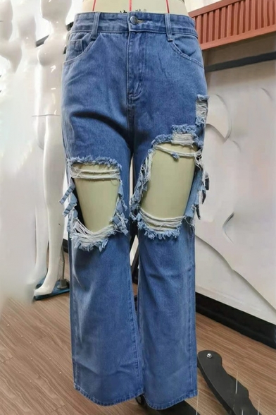 Trendy Blue Jeans High Rise Pocket Detail Ripped Design Jeans for Women