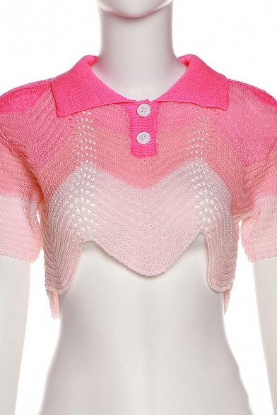 Trendy Color Block Set Irregular Hem Spread Collar Crop Polo Shirt & Mini Skirt Knit Set for Ladies