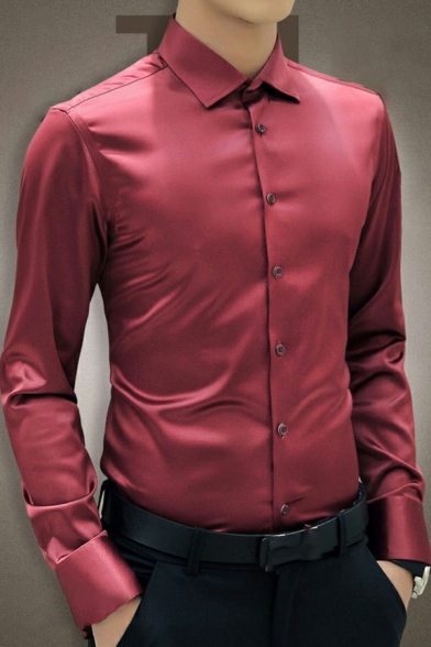 Trendy Men Plain Shirt Turn-down Collar Button Closure Regular Fit Shirt
