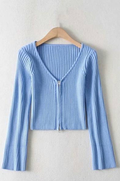 Trendy Women's Crop Knit Top Plain Zipper Closure Long Sleeve V Neck Kint Top