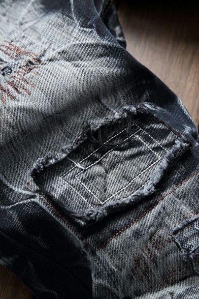 Urban Jeans Contrast Color Pocket Broken Hole Zip Placket Straight Fit Jeans for Men